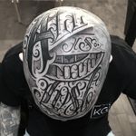 Head tattoo by Mike Kenny #MikeKenny #letteringtattoos #lettering #text #font #type #calligraphy #script #letters #quotes #words