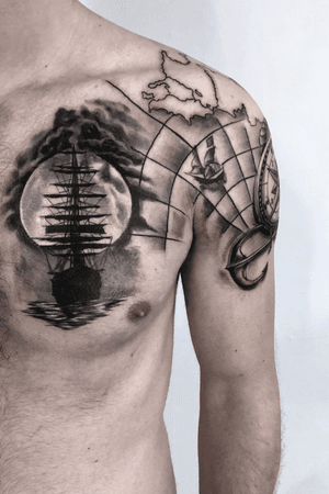 please comment ıt and let me know what you thınk thanks.    #coveruptattoo  #chesttattoo #sailor #ship #map #compass #blackandgrey 