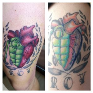 New revival tattoo #artist #tattoolife #tattooed #tattooist #tattoolove #tattoos #tattooer #tattooing #tattooart #new #cover #Revival #hearttattoo #grenade #colour #color