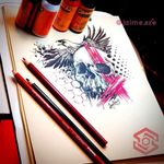 [TATTOO DESIGN] Composición. "Cráneo, cuervo y pintura de guerra." Estilo Trash Polka. Black & Red. Diseño Personalizado. FB/INST: @jaime.sxe #SkylineStudio #TattooDesign #CreateYourself