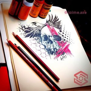 [TATTOO DESIGN]Composición. "Cráneo, cuervo y pintura de guerra."Estilo Trash Polka.Black & Red.Diseño Personalizado.FB/INST: @jaime.sxe#SkylineStudio #TattooDesign #CreateYourself
