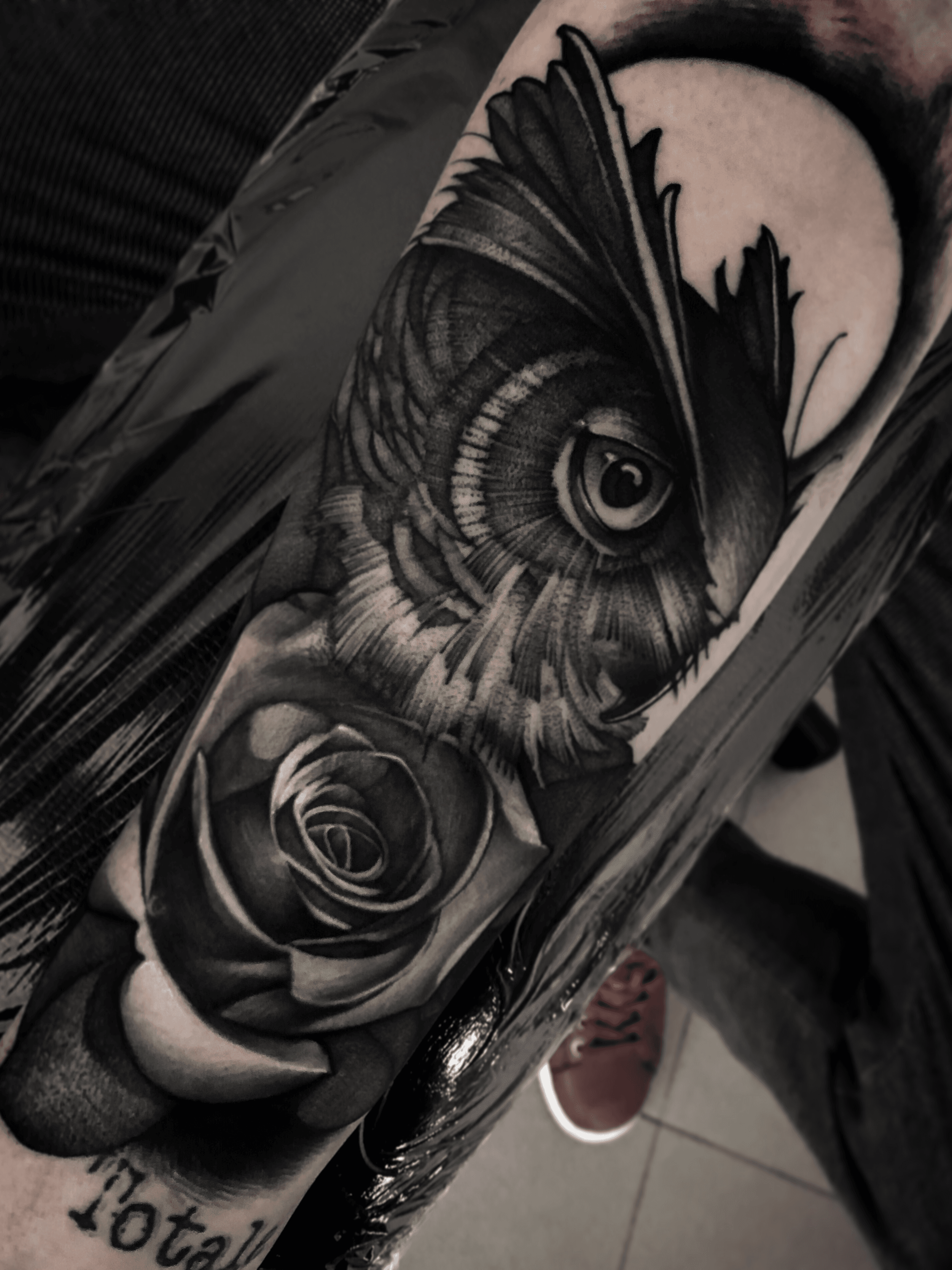 Black and Grey Owl and Rose Tattoo  Love n Hate