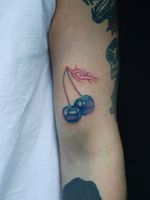 Non electric Hand poke tattoo by Blame Max #BlameMax #handpoke #stickandpoke #nonelectric #linework #illustrative #fineline #cherry #cherries #fruit #tribal
