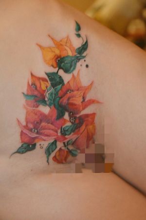Watercolor bugenwilleas tattoo.#tattooukraine, #colortattoo, #flowertattoodesigns, #flowertattoo, #tattooartist, #inkedgirls, #kievtattoo