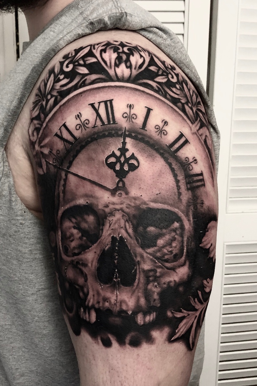 Premium AI Image  A tattoo with a skull and clock on it