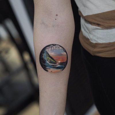 Landscape tattoo by Jefree Naderali #jefreenaderali #EarthDaytattoos #EarthDay #Earthtattoo #landscapetattoo #earth #planet #landscape #land #nature #realism #realistic #hyperrealism #beach #sunset