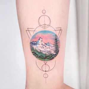 Landscape tattoo by Charming Tattoo #CharmingTattoo #EarthDaytattoos #EarthDay #Earthtattoo #landscapetattoo #earth #planet #landscape #land #nature #realism #realistic #geometric #mountains
