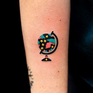 Globe tattoo by Zzizzi #Zzizzi #EarthDaytattoos #EarthDay #Earthtattoo #landscapetattoo #earth #planet #landscape #land #nature #handpoke #nonelectrictattooing #stars