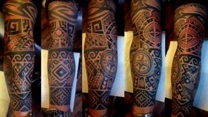Tattoo by Alejandro Muñoz Leal. A mixture of indigenous iconography in one sleeve.