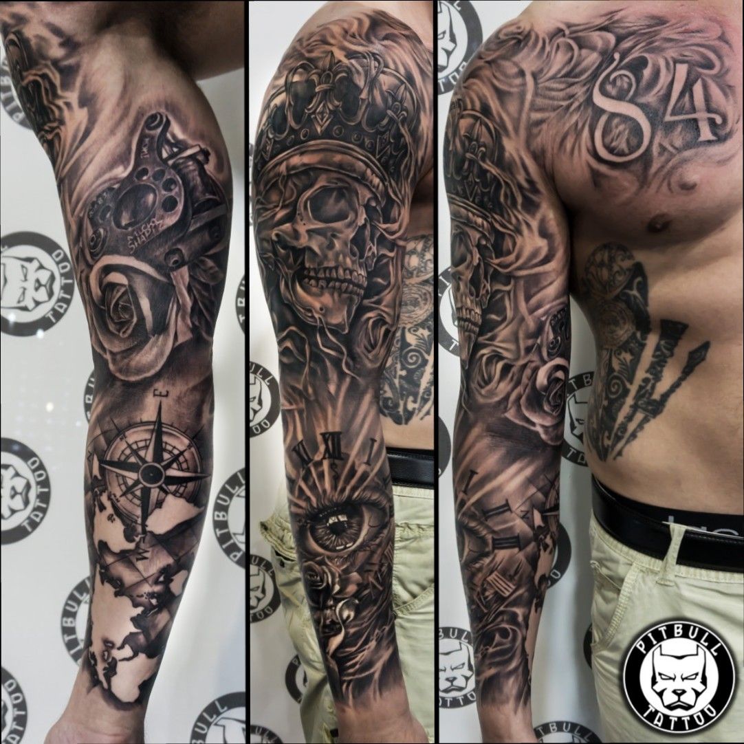 Mens black and grey realism sleeve tattoo  Sleeve tattoos Black and grey  sleeve Black and grey