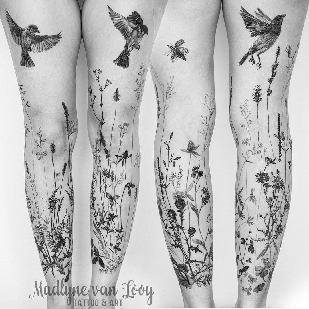 Tattoo uploaded by Tattoodo • Leg sleeve tattoo by Madlyne van Looy #MadlynevanLooy #EarthDaytattoos #EarthDay #Earthtattoo #landscapetattoo #earth #planet #landscape #land #nature #illustrative #flowers #floral #bird • Tattoodo