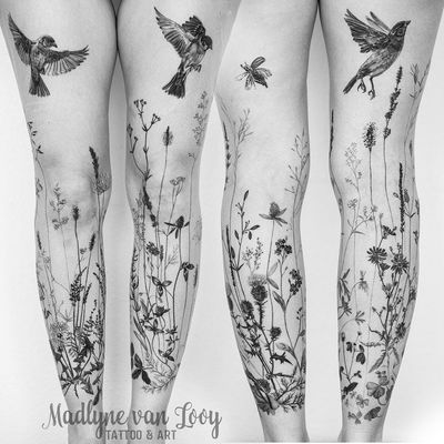 Leg sleeve tattoo by Madlyne van Looy #MadlynevanLooy #EarthDaytattoos #EarthDay #Earthtattoo #landscapetattoo #earth #planet #landscape #land #nature #illustrative #flowers #floral #bird