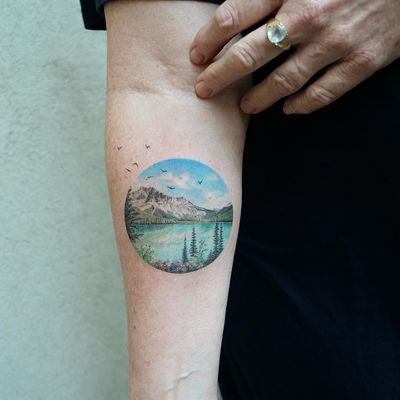 Landscape tattoo by Eva Krbdk #EvaKrbdk #EarthDaytattoos #EarthDay #Earthtattoo #landscapetattoo #earth #planet #landscape #land #nature #realism #hyperrealism #realistic #mountain #lake #forest