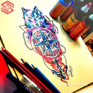 [TATTOO DESIGN] Composición "Lobo, brújula, Ancla" Estilo geométrico acuarelado. Full color. Diseño propio personalizado Artista: FB/INSTA: @jaime.sxe #SkylineStudio #TattooDesign #CreateYourself