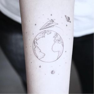 Earth tattoo by PT78 #PT78 #EarthDaytattoos #EarthDay #Earthtattoo #landscapetattoo #earth #planet #landscape #land #nature #illustrative #paperplane #stars #saturn