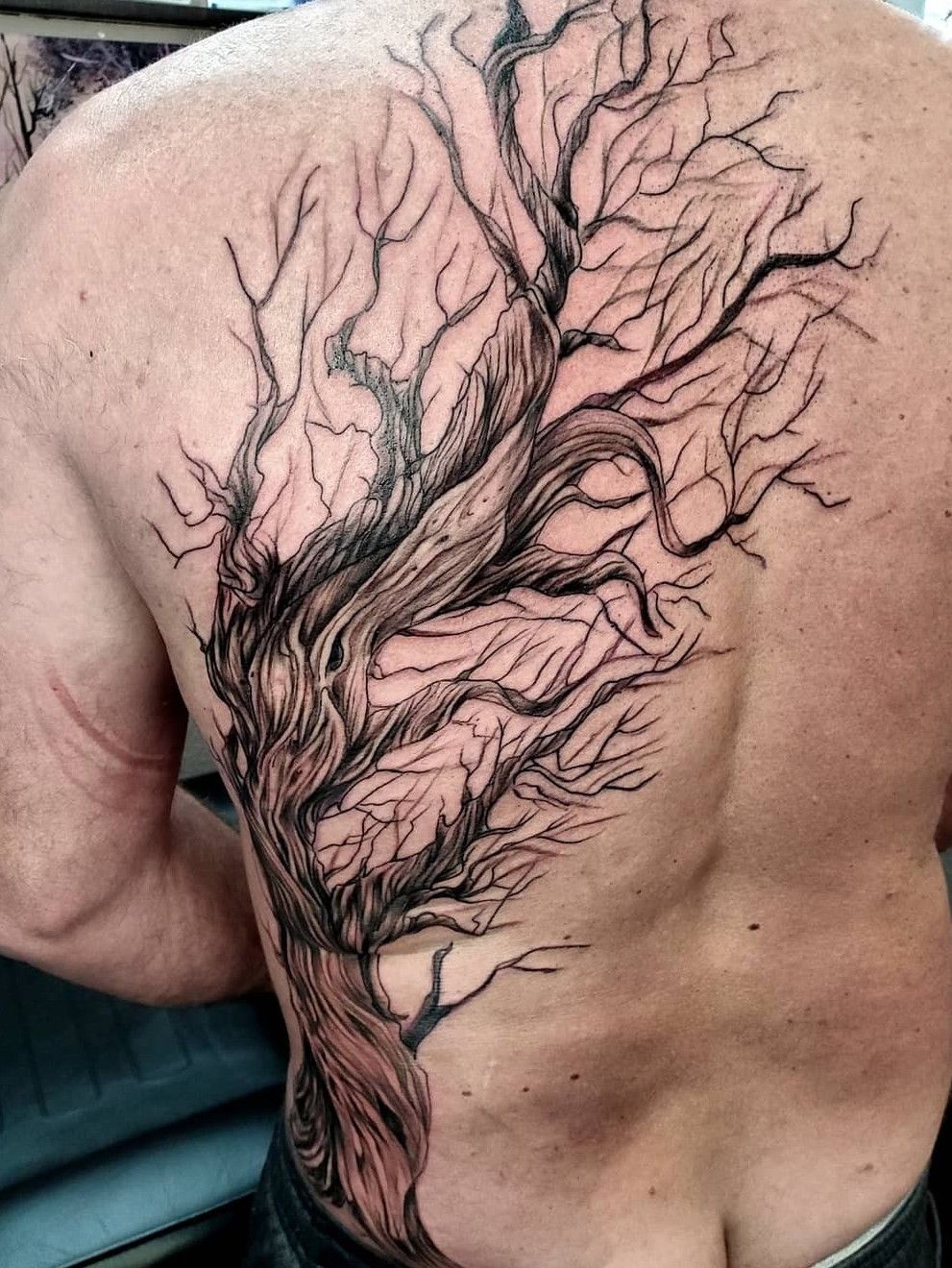 Tattoo uploaded by caleb brouk • The first session on this freehand tree.  Amazed at how well he sat through it all! Its definetely a BIG tree!  #treetattoo #backtattoo #sidetattoo #freehand #tree #
