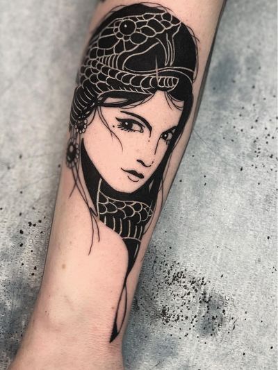 Bold tattoo by Kyle Stacher aka Thief Hands #KyleStacher #ThiefHands #illustrative #linework #blackwork #ladyhead #lady #snake