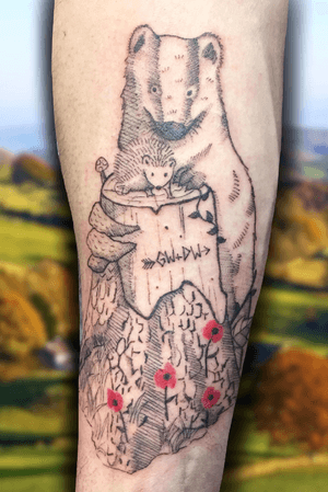 Badger and countryside themed sketchy style tattoo