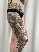 Nature tattoo by Kyle Stacher aka Thief Hands #KyleStacher #ThiefHands #illustrative #linework #nature #organic #fineline #dotwork #flower #leaves #bird