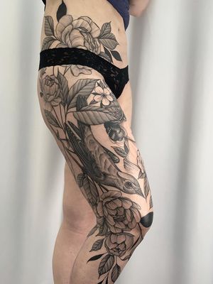 Nature tattoo by Kyle Stacher aka Thief Hands #KyleStacher #ThiefHands #illustrative #linework #nature #organic #fineline #dotwork #flower #leaves #bird