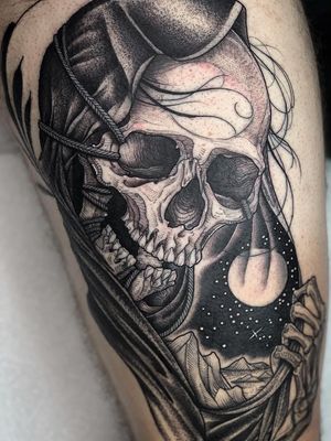 Nature tattoo by Kyle Stacher aka Thief Hands #KyleStacher #ThiefHands #illustrative #linework #nature #organic #fineline #dotwork #reaper #skull #skeleton #mountains #Moon #stars