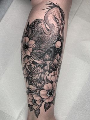 Nature tattoo by Kyle Stacher aka Thief Hands #KyleStacher #ThiefHands #illustrative #linework #nature #organic #fineline #dotwork #flowers #floral #leaves #mountains #landscape #Moon #stars #bird #herron