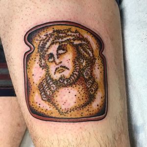 Jesus tattoo by Phil Berge #PhilBerge #Jesustattoo #JesusChristtattoo #religioustattoo #religious #Catholic #Christian #portraittattoo #toast #foodtattoo