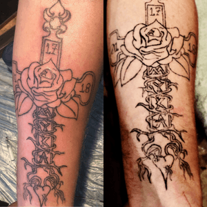 The first picture on Left is the Tattoo after my re-lining touch up. The Tattoo pic on right is what it looked like wheb client arrived for help.  1st step at a time: Line; Step 2: shading & coloring..... looking for any advice if you want to help. This is all i have in life to make money, so any advice would be greatly appreciated. @knucklezdezigns @diamonddezigns #diamonddezigns #comfortzonetattoos #aspiringtattoomaster #tryinjointhesquad #bymyselforwithhelpgoinallIN 