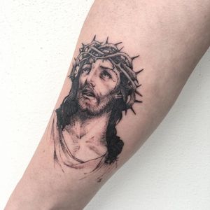 Jesus tattoo by Sourya #Sourya #Jesustattoo #JesusChristtattoo #religioustattoo #religious #Catholic #Christian #portraittattoo #crownofthorns #illustrative