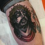 Black metal Jesus tattoo by Moira Ramone #MoireRamone #Jesustattoo #JesusChristtattoo #religioustattoo #religious #Catholic #Christian #portraittattoo #blackmetal #KingDiamond #crownofthorns #upsidedowncross
