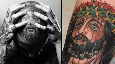 Tattoo on the left by Chuey Quintanar and tattoo on the right by Matt Cannon #MattCannon #ChueyQuintanar #Jesustattoo #JesusChristtattoo #religioustattoo #religious #Catholic #Christian #portraittattoo