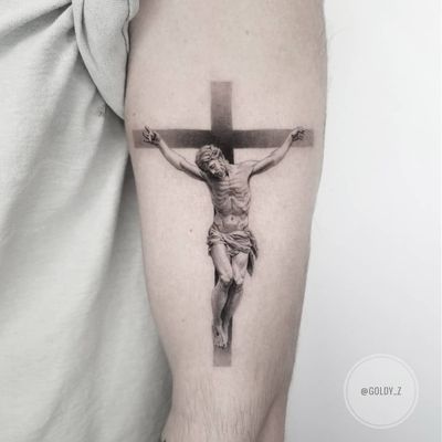 Jesus tattoo by Goldy Z #GoldyZ #Jesustattoo #JesusChristtattoo #religioustattoo #religious #Catholic #Christian #portraittattoo #blackandgrey #realism #realistic #cross