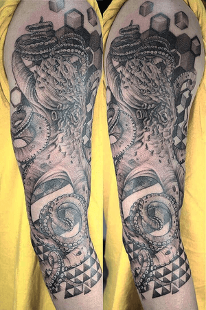 Started this kraken geo sleeve at musink.  Super stoked how it turned out. Finished it up at the new shop in Fullerton @beyondkreationstattoo @orfordal More animals and geo flow please!  Hit me up or come by the new spot.  Now booking #peaces #krakentattoo #geometrictattoo #dipcaps #octopustattoo #octopus #bng #geo #sacredgeometry #realismtattoo #3rl #dotwork #blessed #hustle #motivate #sullen #grind #humble #fullerton #oc #inkedlife #bishopfantom #empireinks #bestjobintheworld @ Fullerton, California