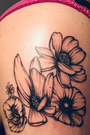 Side upper thigh tattoo “my flowers”