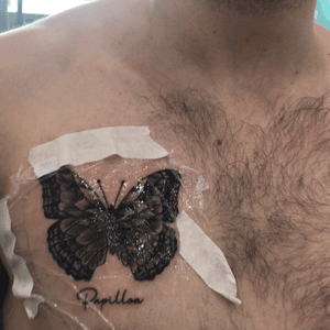 Friends first chest piece. Learn by doing! #Papillon #Blackbutterfly #homage