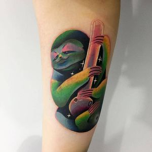 Sloth and bong tattoo by Giena Todryk #GienaTodryk #specialtattoos #uniquetattoos #besttattoos #awesometattoos #tattoodoapp #tattooartist