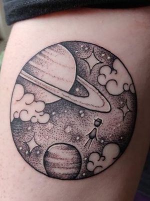 An "It's Such a Beautiful Day" space tattoo with dotwork 