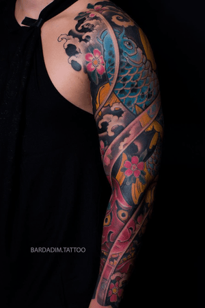 Japanese tattoo. Japanese sleeve. Irezumi. Koi tattoo. Hannya Mask tattoo. Full sleeve tattoo. Male sleeve. Japanese tattoo NYC