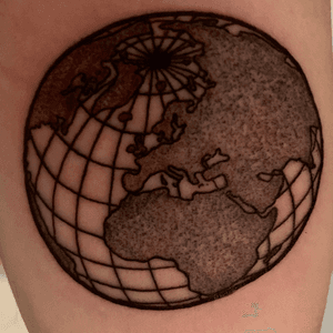 Globe / world. Done by Fabienne Demmer at Lucky Charm Tattoo, Nijkerk, Netherlands at April 19, 2019.