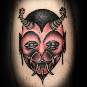 Traditional demon tattoo.  #demon #color #tattooartist #art #red #tattooart #leg 