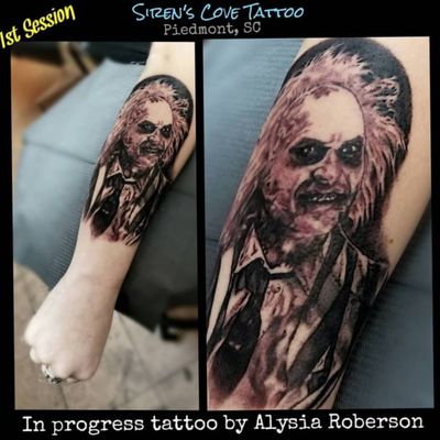 It's showtime!!!! Finally got to tattoo characters from my favorite movie from my childhood....👻BEETLEJUICE👻 !!!! Beetlejuice still has a little left to do on him in his hair!!! She sat great!!!! 😁😁😁 Tattooed by Alysia Roberson at Siren's Cove Tattoo in Piedmont, SC!!!! #beetlejuice #beetlejuicebeetlejuicebeetlejuice #beetlejuicetattoo #michaelkeaton #michaelkeatontattoo #ghostwiththemost #itsshowtime #portraittattoo #lydia #lydiadeetz #christmas #lacetattoo #blackandgreytattoo #coveruptattoo #realistictattoo #tattoos #tattooed #inkedgirl #tattooedwoman #horrortattoo #alternativegirl #80sbaby #ilovethe80s #timburton #timburtontattoo #winonaryder #gothgirl #tattooedgirls #Alysiarobersontattoo #sirenscovetattoo www.facebook.com/sirenscovetattoo www.facebook.com/Alysia.Roberson.Tattoo.Artist IG:Sirens_Cove_Tattoo