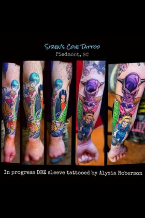 In progress DBZ sleeve tattooed by Alysia Roberson at Siren's Cove Tattoo in Piedmont, SC!! Frieza on the elbow!!! Everything else healed!!! Cell almost fully healed from a few weeks ago...still a little bit left to do on him once fully healed, some done ranging from 2-6 years ago, and severaldone within the past few months!!! #cell #android18 #friezatattoo  #vegeta  #bulma  #goku  #dbz #dbztattoo #dragonballz #frieza #dragonballsuperbroly #dragonballsupermovie #dragonballsuper #dragonballztattoo #realistictattoo #cartoontattoo #oldschooltattoo #tattooedman #tattoos #tattooed #tattooedmen #anime #dragonballzfans #supersaiyan #dragonball #comicon #japanesetattoo  #nerdtattoo #tattooedwomen #sirenscovetattoo  www.facebook.com/sirenscovetattoo www.facebook.com/Alysia.Roberson.Tattoo.Artist