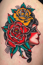 Hot Stuff Tattoo, Asheville NC. Email chuckdtats@gmail.com for booking info. #ladyhead #roses #traditional #traditionaltattoo 