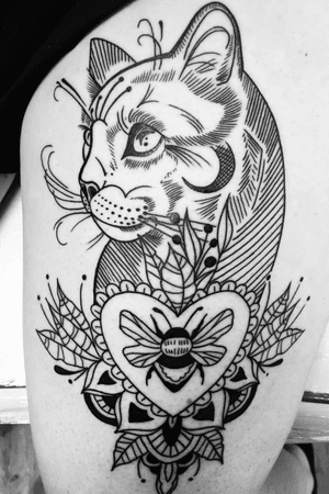 Linear style cat with a bee mandala.