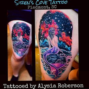 Have I mentioned I love mermaids?? :-D  This siren healed amazinggg !!! Still a little shiny new skin healing on parts.... Highlights and galaxy added that day in picture!!!! She has perfect skin and never complained or winced or anything!! #siren #sirenscovetattoo #mermaidhair  #mermaid #sctattooshop #sctattooartist #pinuptattoo  #sctattoo  #custom #andersonsc #clemsonsc #inkmaster #greenvillesc #realistictattoo  #yeahthatgreenville #bestofsc #sctattooshop #tattooedwomen #tattooedmen #mermaiden #sirenscove  #tattoos #legday  #nautical #nauticaltattoo #thightattoo  #galaxytattoo #legtattoo  #femaletattooartist #tattoosiren #alysiarobersontattoo www.sctattooshop.com www.facebook.com/Alysia.Roberson.Tattoo.Artist www.facebook.com/sirenscovetattoo