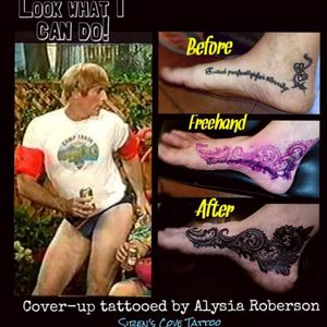 One of my favorite Cover-up tattoos! Cover-up tattooed by Alysia Roberson at Siren's Cove Tattoo in Piedmont, SC, drawn on freehand/no stencil!! Can you believe she sat through ALL of this in one sitting?!! Ouch!! No breaks, and took it like a champ!!! Wow! #lace #lacetattoo #freehandtattoo #freehand #laceytattoo  #coveruptattoo #tattoonightmares #victorian #foottattoo #stuart #lookwhaticando #femaletattooartist #girlytattoo #tattoos #madtv #tattooedwomen #tattooedwoman #tattooedmen #sc #sctattooartist  #tattooedman #sctattooer #sctattooist #sctattoo #sctattooshop #beautifultattoo #southcarolinatattooartist #greenvillesc #andersonsc #clemsonsc #sirenscovetattoo #Alysiarobersontattoo wwwfacebook.com/#sirenscovetattoo www.facebook.com/Alysia.Roberson.Tattoo.Artist
