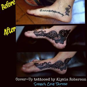 Cover-up tattooed by Alysia Roberson at Siren's Cove Tattoo in Piedmont, SC, drawn on freehand/no stencil!! Can you believe she sat through ALL of this in one sitting?!! Ouch!! No breaks, and took it like a champ!!! Wow! #lace #lacetattoo #freehandtattoo #freehand #laceytattoo  #coveruptattoo #tattoonightmares #blacklace #victorian #foottattoo #feettattoo #tattooedfeet  #girlytattoo #tattoos #tattooed #tattooedwomen #tattooedwoman #tattooedmen #sc #sctattooartist #sctattooer #sctattooist #sctattoo #sctattooshop #femaletattooartist #southcarolinatattooartist #greenvillesc #andersonsc #clemsonsc #sirenscovetattoo #Alysiarobersontattoo wwwfacebook.com/#sirenscovetattoo www.facebook.com/Alysia.Roberson.Tattoo.Artist