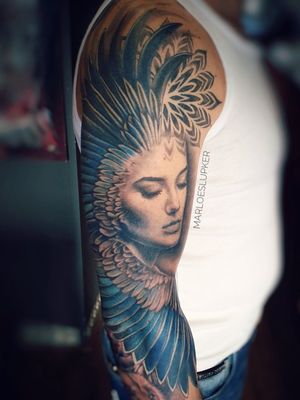 Valkyrie tattoo - Black & Grey with Blue #bigtattoo #valkyrie #wings #portrait #tranquil #softshade #blackandgreytattoo #greyandblue #marloeslupker