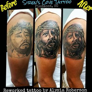 Reworked this...turned out so great!!! Reworked cover-up Jesus tattoo by Alysia Roberson at Siren's Cove Tattoo in Piedmont, SC! #jesus #jesustattoo #portraittattoo #reworkedtattoo #coveruptattoo #tattoonightmares #jesuschrist #easter #inkmaster #portrait #sleeve #tattooedman #tattooedwomen #tattooedmen #tattooedwoman #religioustattoo #christian #greenvillesc #god #clemsonsc #christiantattoo #cross #crosstattoo #sc #sctattooartist #sctattooist #southerntattooers #sctattoo #sctattooshop #alysiarobersontattoo #sirenscovetattoo www.sctattooshop.com www.facebook.com/sirenscovetattoo www.facebook.com/Alysia.Roberson.Tattoo.Artist
