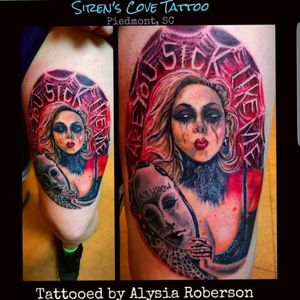 Fun one to tattoo! Mariah Brink from In This Moment tattooed on by Alysia Roberson at Siren's Cove Tattoo in Piedmont, SC! (***Original artwork/photograph we were working from is by the talented Justin Paul !!!*) #portraittattoo #musictattoo #inthismoment #inthismomenttattoo #mariabrink #mariabrinktattoo #tattooed #tattooedwomen #tattoos #realistictattoo #spiderwebtattoo #beautifultattoo #metal #music #sctattooartist #sctattooist #colortattoo #sctattooer #blackwidowtattoo #sctattooshop #sctattoo #southcarolinatattooartist #sicklikeme #southerntattooers #greenvillesc #femaletattooartist #clemsonsc #downtowngreenville #alysiarobersontattoo #sirenscovetattoo www.facebook.com/sirenscovetattoo www.facebook.com/Alysia.Roberson.Tattoo.Artist